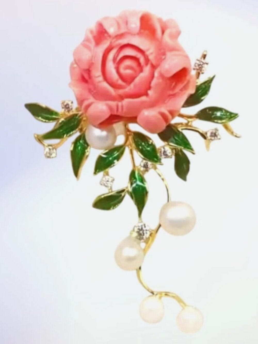 Peony Brooch Art Deco Enamel Rhinestone Pearl Floral Statement Pin